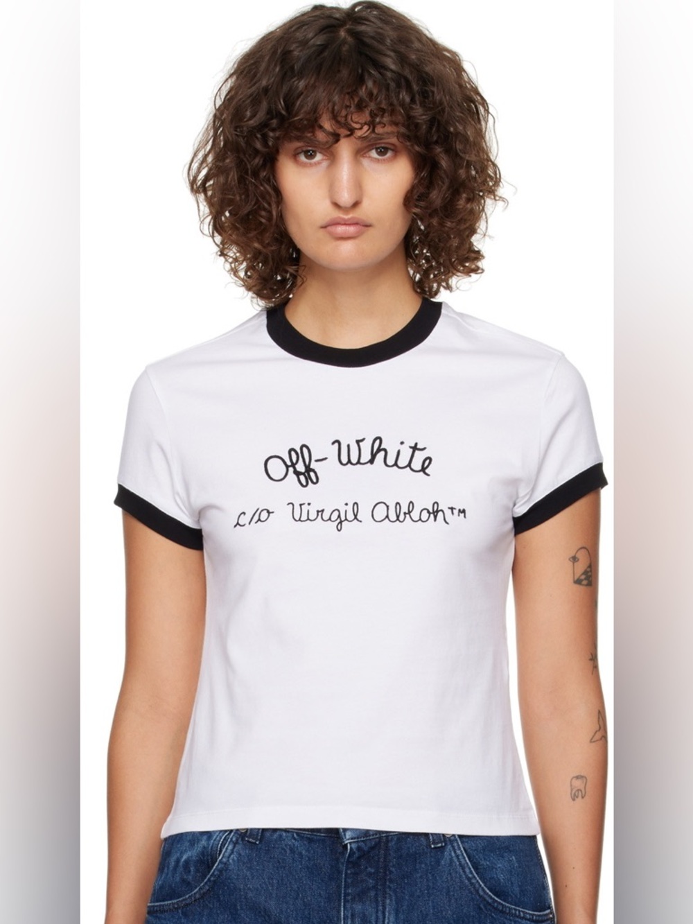 Off-White White Embr Script Type Fitted T-shirt